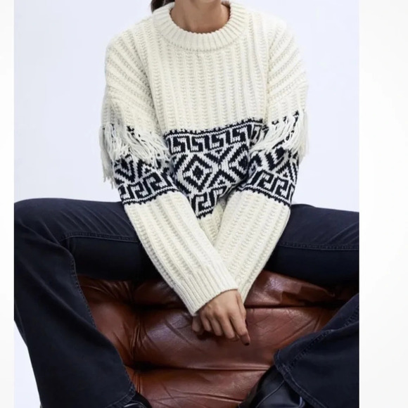 H&M White Black Wool Mix Fringe Trimmed Jacquard  Knit Jumper size L - Picture 1 of 7